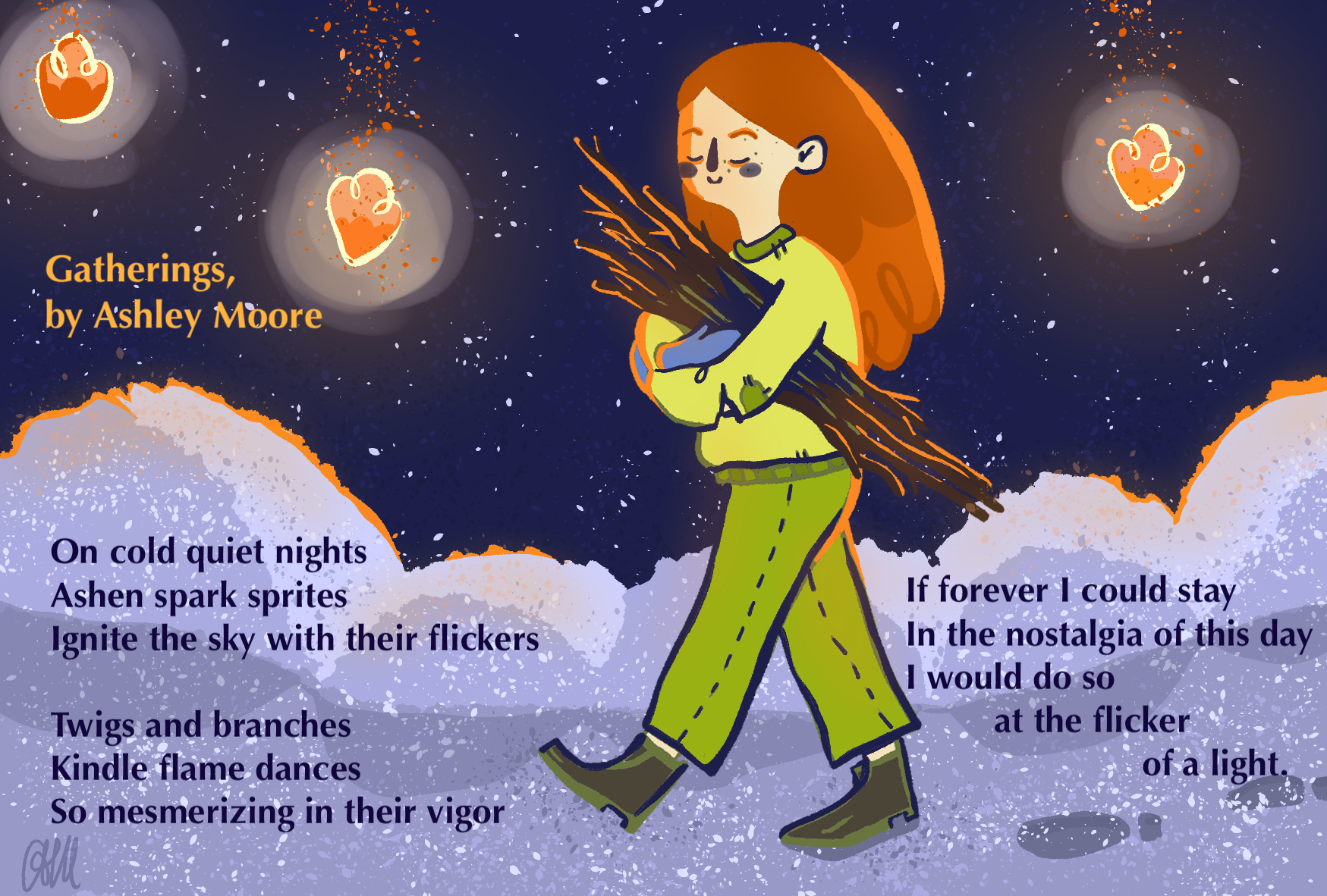Digital art of a red haired girl carrying sticks for a campfire on a winter day.
